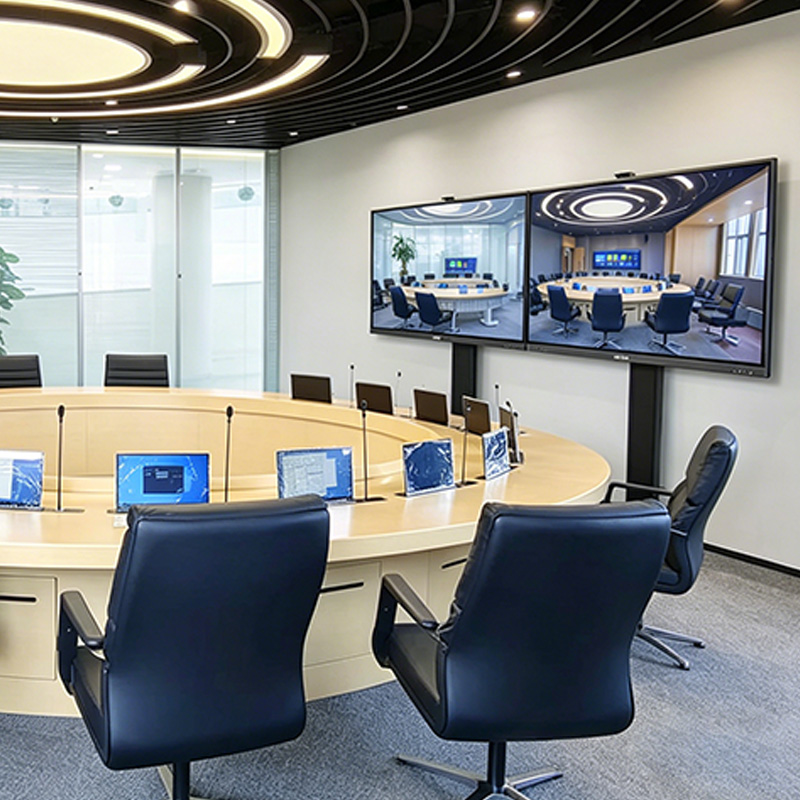 TianLift Dual column heavy duty motorized TV lift stand, double screen electric lifting TV bracket for 55-100 inch interactive displays, modern corporate round conference room business meeting presentation scene
