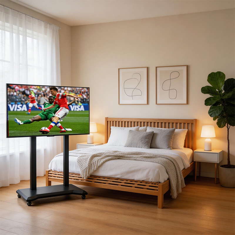 TianLift Mobile rolling motorized height adjustable TV stand, portable electric lift TV bracket for 55-100 inch television, warm minimalist wooden bedroom home sports viewing scene