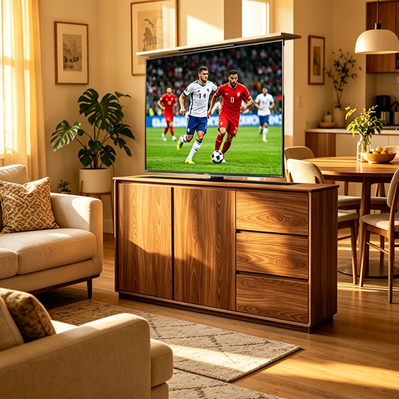 TianLift Walnut wood mid-century modern cabinet concealed motorized lift & swivel TV bracket, electric lifting rotating TV mount for 32-65 inch television, warm living room home interior scene