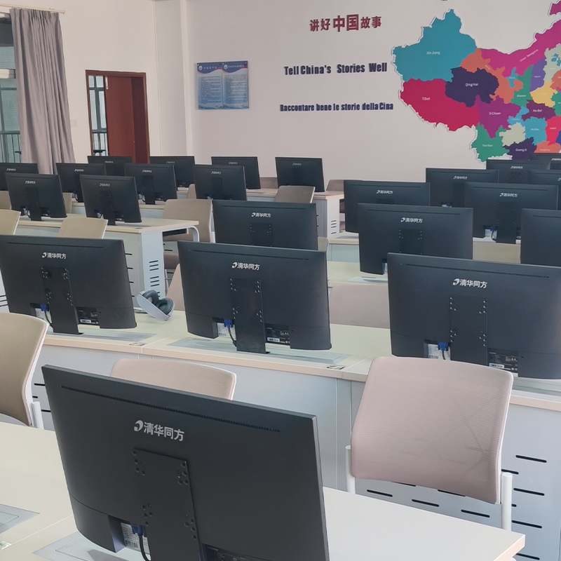 All-in-one microphone motorized LCD monitor lift, desk pop up screen lifter for paperless conference & training classroom system, full row uniform installation scene