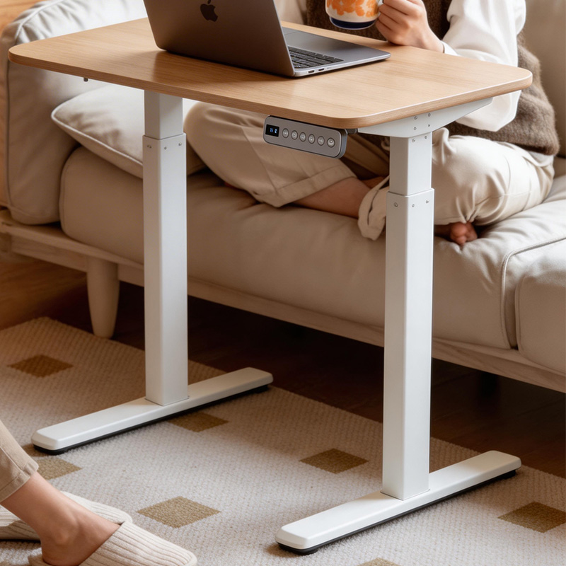 Dual motor pull-out compact electric height adjustable standing desk, small dual leg white motorized sit stand side table for sofa living room laptop remote work, cozy light home interior workstationDual motor pull-out compact electric height adjustable standing desk, small dual leg white motorized sit stand side table for sofa living room laptop remote work, cozy light home interior workstation
