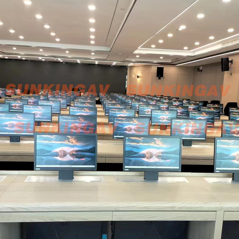 All-in-one microphone motorized LCD monitor pop up lift, desk embedded screen lifter for large-scale paperless digital conference system, big training lecture hall full row installation scene