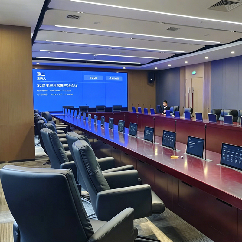 TianLift All-in-one microphone motorized LCD monitor pop up lift, desk embedded touch screen lifter for luxury paperless digital conference system, long solid wood corporate boardroom full installation panorama