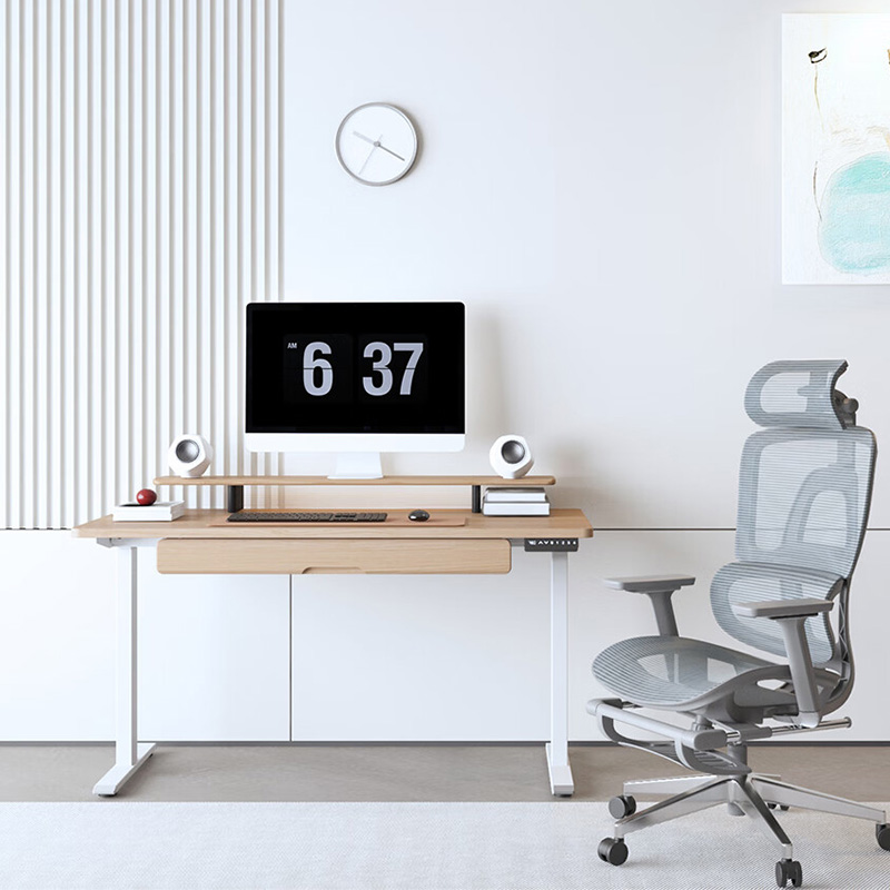 Dual motor pull-out electric height adjustable standing desk with keyboard tray & monitor riser, dual leg white metal frame motorized sit stand desk, minimalist light wood home office workstation with ergonomic mesh chair