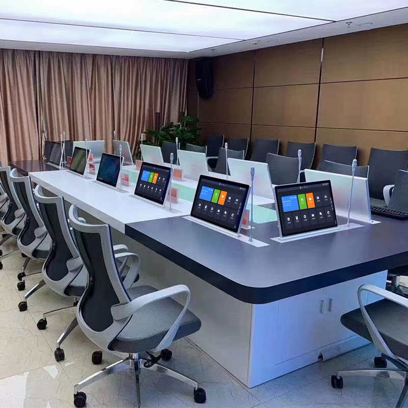 TianLift All-in-one gooseneck microphone LCD monitor pop up lift, motorized desk embedded touch screen lifter for modern paperless digital conference system, two-tone oval office meeting room full installation photo
