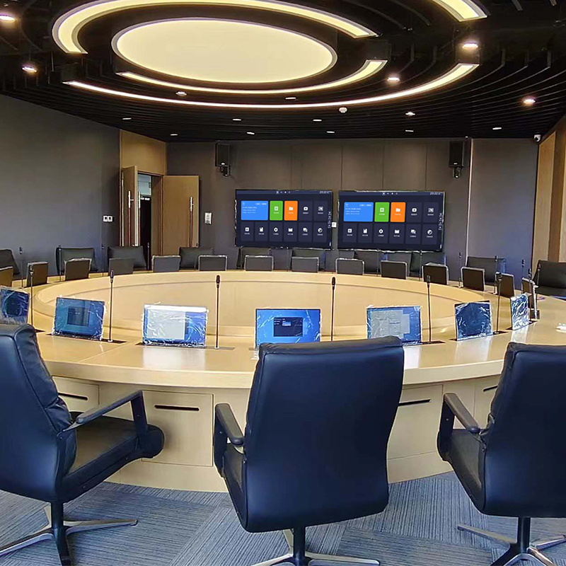 TianLift All-in-one gooseneck microphone motorized LCD monitor pop up lift, desk embedded touch screen lifter for circular curved paperless digital conference system, luxury corporate round boardroom full installation panorama