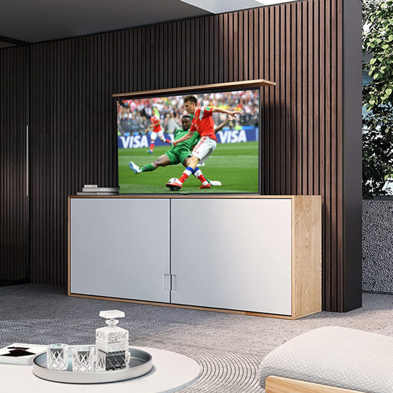 TianLift Built-in cabinet motorized pop up TV lift bracket, concealed electric lifting TV mechanism for living room wooden media cabinet, modern luxury slat wall home interior sports viewing scene