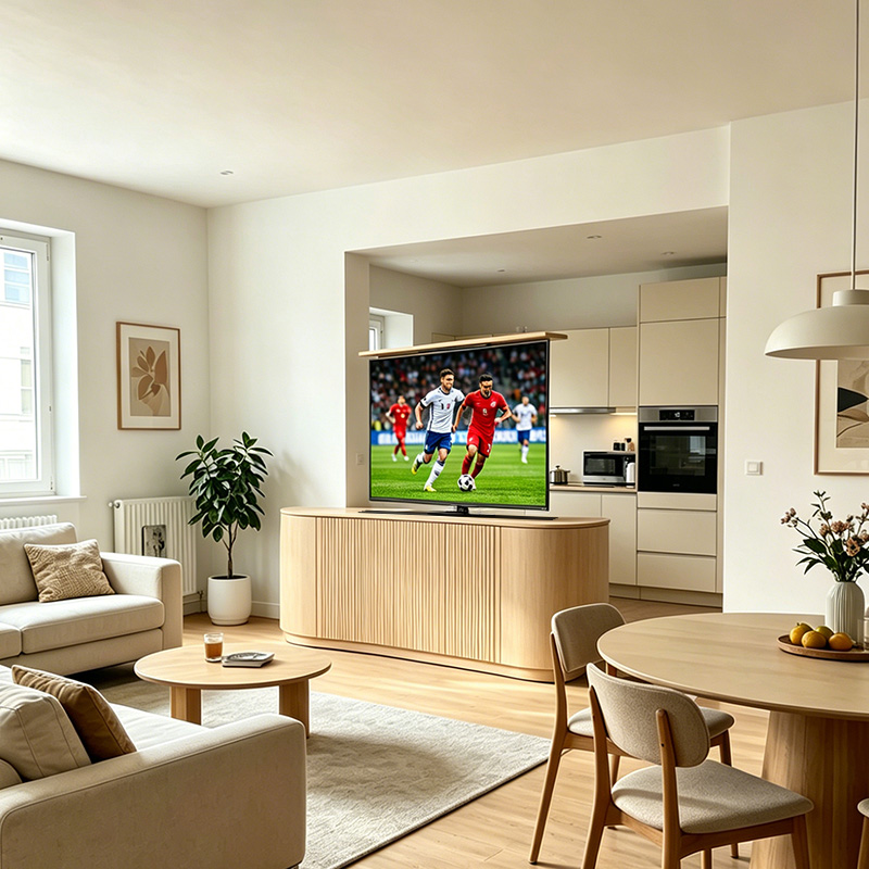 TianLift Open-plan living dining room curved wooden cabinet concealed motorized lift & swivel TV bracket, electric lifting rotating TV mount for 32-65 inch television, modern minimalist home interior scene