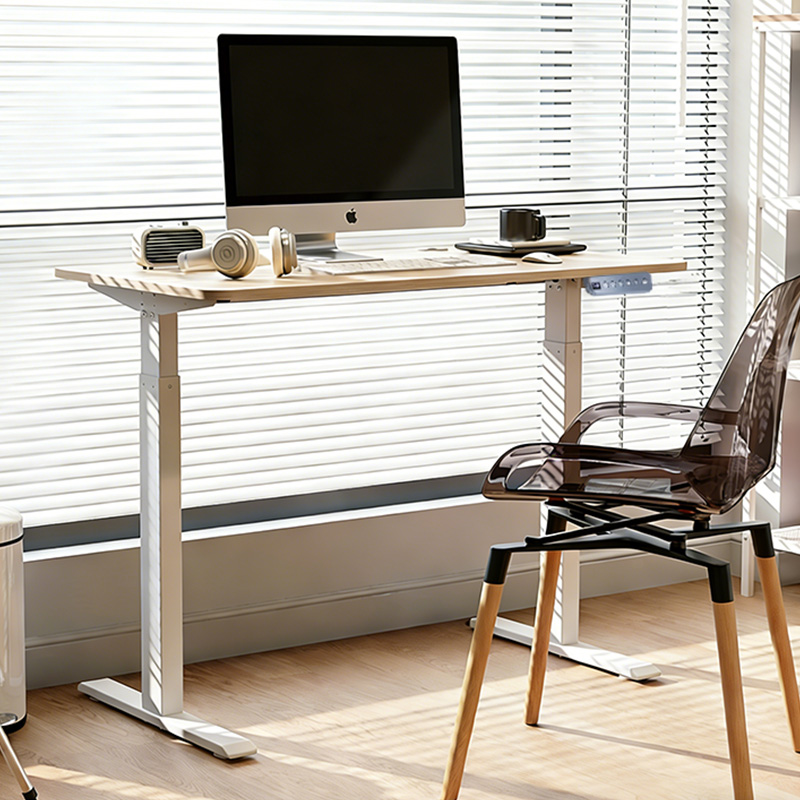 Dual motor electric height adjustable standing desk with pull-out design, motorized sit stand desk for home office, minimalist sunlit indoor workspace scene