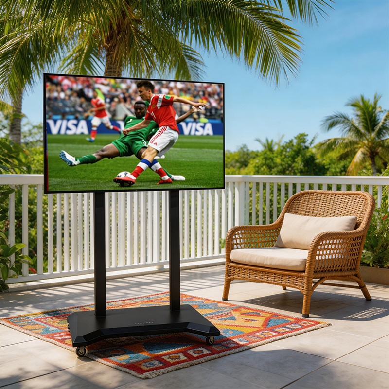 TianLift Outdoor patio balcony mobile rolling motorized lift TV bracket, portable electric lifting TV stand for 55-100 inch large screen television, tropical garden balcony leisure sports viewing scene