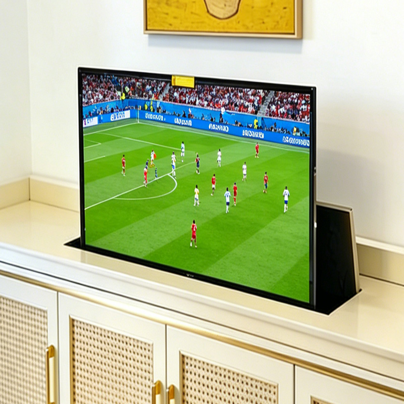 TianLift Countertop built-in concealed motorized lift & swivel TV bracket, electric lifting rotating TV mount for 32-65 inch television, hidden cabinet TV lift installation home interior scene