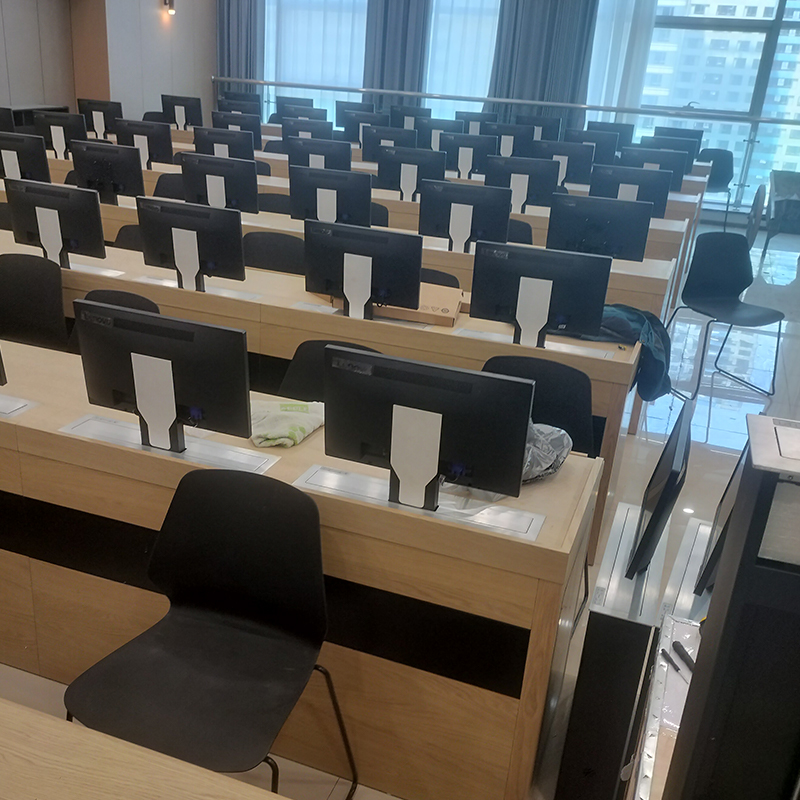 All-in-one monitor lift with conference microphone, motorized LCD screen pop up lift mechanism for paperless conference system, large training meeting room full installation scene