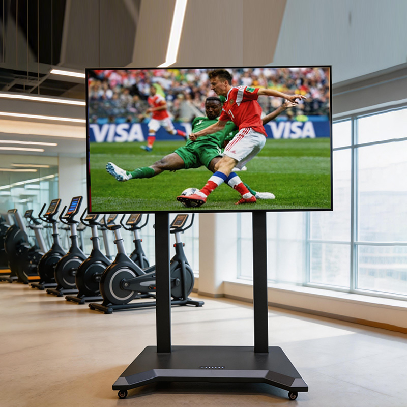 TianLift Gym commercial mobile rolling motorized lift TV bracket, portable electric lifting TV stand for 55-100 inch large screen television, fitness studio cardio workout sports viewing scene