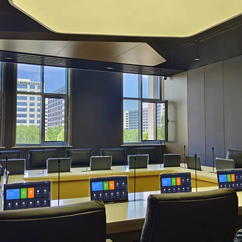 Integrated microphone LCD monitor lift, motorized pop up screen lifter for full paperless conference system, luxury corporate boardroom meeting table installation scene