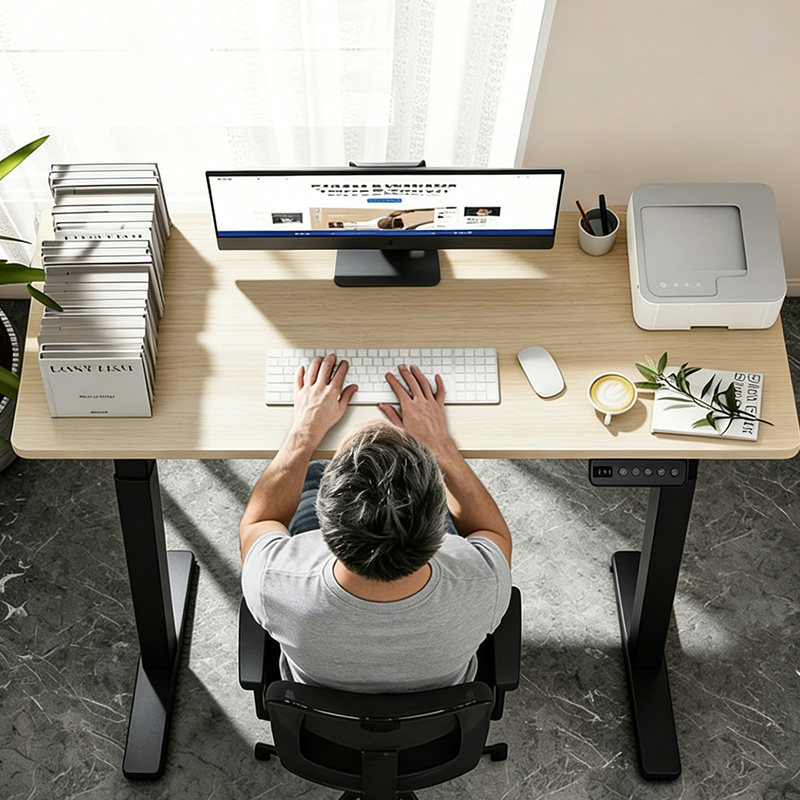 TianLift Dual motor pull-out electric height adjustable standing desk, dual leg motorized sit stand lifting table, top-down overhead view of minimalist home office desktop workstation