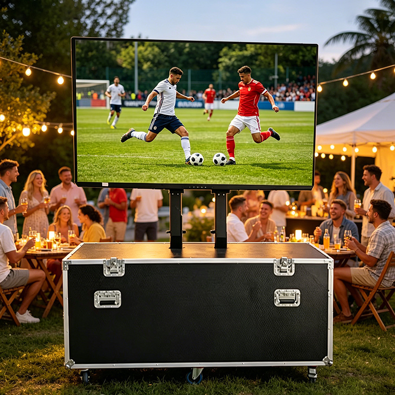 TianLift Road case integrated motorized pop up TV lift bracket, outdoor portable flight case electric lifting TV stand for event party outdoor sports viewing scene