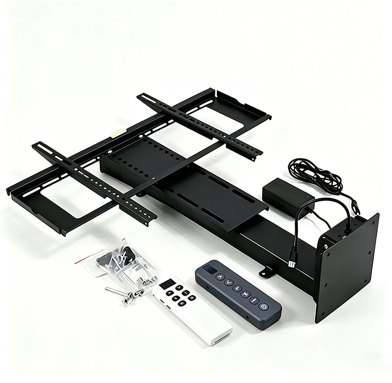 TianLift Single motor pop up motorized TV lift bracket complete kit with remote control, electric lifting TV mechanism for 32-65 inch televisions, product spare parts white background studio shot