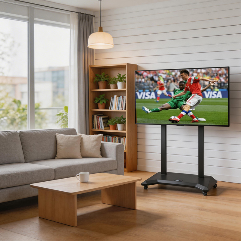 TianLift Mobile rolling motorized lift TV bracket, portable electric lifting TV stand for 55-100 inch large screen television, modern minimalist living room home family sports viewing entertainment scene