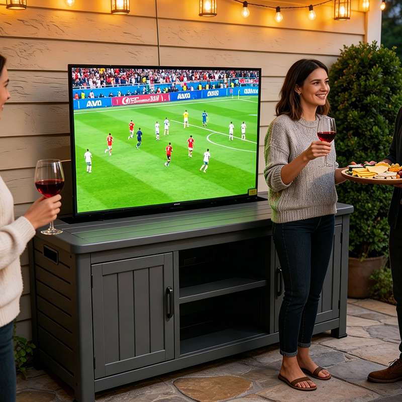 TianLift Outdoor weatherproof cabinet motorized lift & swivel TV bracket, electric lifting rotating TV mount for 32-65 inch television, patio backyard outdoor entertainment party scene