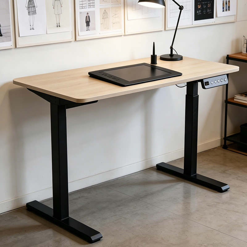 TianLift Dual motor pull-out electric height adjustable standing desk, dual leg motorized sit stand table for artist studio drawing workspace, minimalist light wood lifting desk with control panel