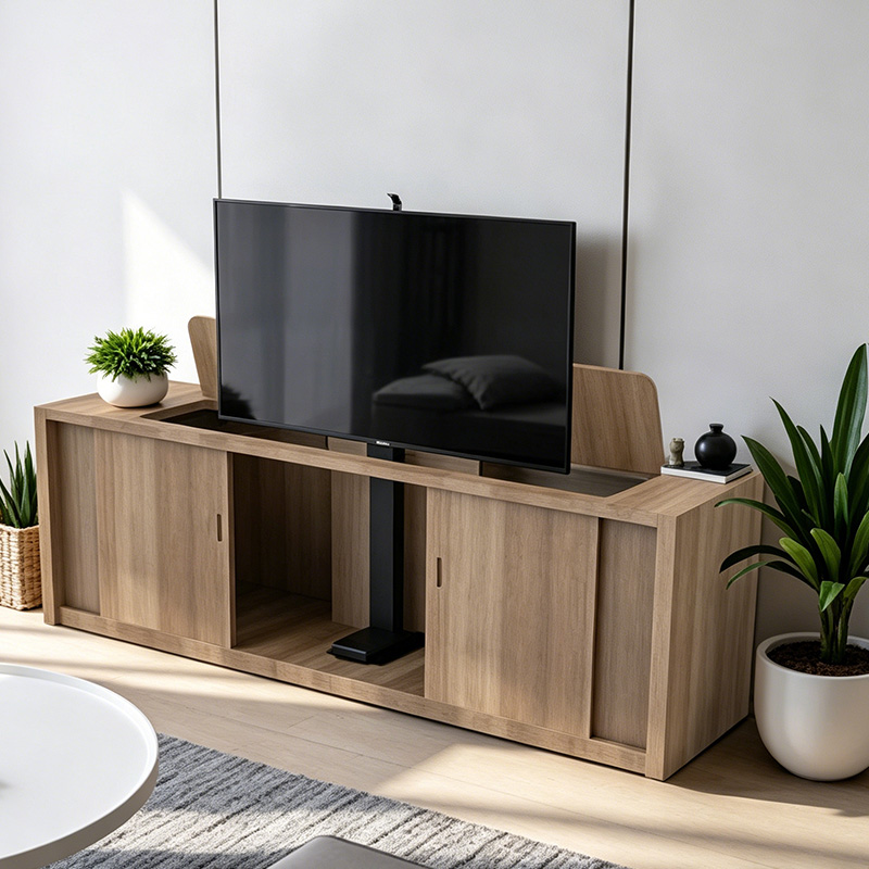TianLift Built-in wooden cabinet hinge hidden motorized pop up TV lift bracket, electric lifting TV mount for 32-65 inch television, minimalist natural wood media cabinet concealed TV mechanism home interior scene