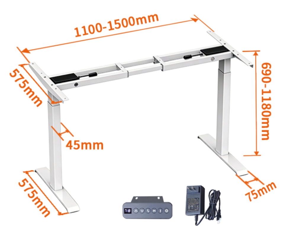 Dual motor pull-out extendable electric standing desk frame, adjustable width motorized sit stand desk leg kit with dimension drawing, complete control panel & power adapter accessory set
