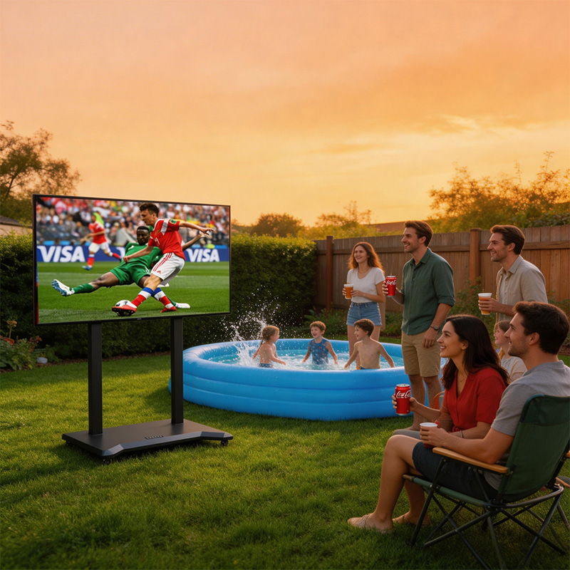 TianLift Mobile rolling motorized lift TV bracket, portable electric lifting TV stand for 55-100 inch television, outdoor backyard pool family sports viewing party scene