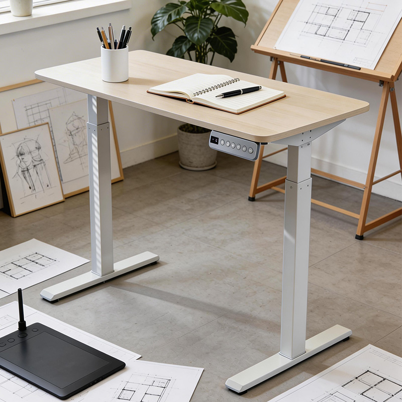 Dual motor pull-out electric height adjustable standing desk, dual leg white frame motorized sit stand table for architect design studio, light wood lifting desk with memory control panel