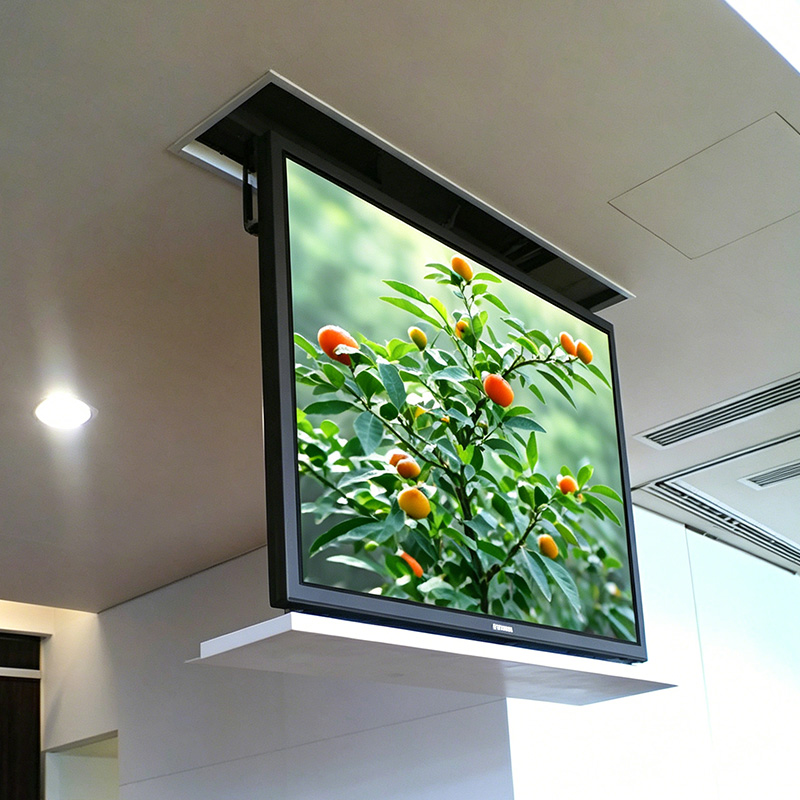 TianLift Ceiling flip down pop up motorized TV lift bracket, upside down retractable electric ceiling TV mount for 32-65 inch televisions, indoor ceiling concealed drop down TV lifting mechanism installation photo