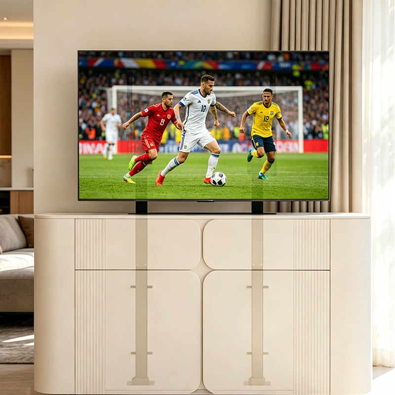 TianLift Built-in cabinet dual column motorized pop up TV lift bracket, heavy load electric lifting TV mount for 55-100 inch large screen TV, cream curved custom media cabinet modern living room hidden TV installation scene
