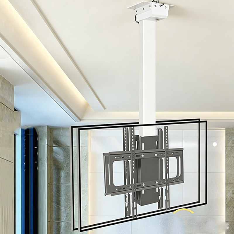 TianLift Ceiling mounted motorized drop down double sided TV lift bracket, electric retractable ceiling TV mount for 32-66 inch dual screen televisions, indoor ceiling concealed TV lifting mechanism installation scene