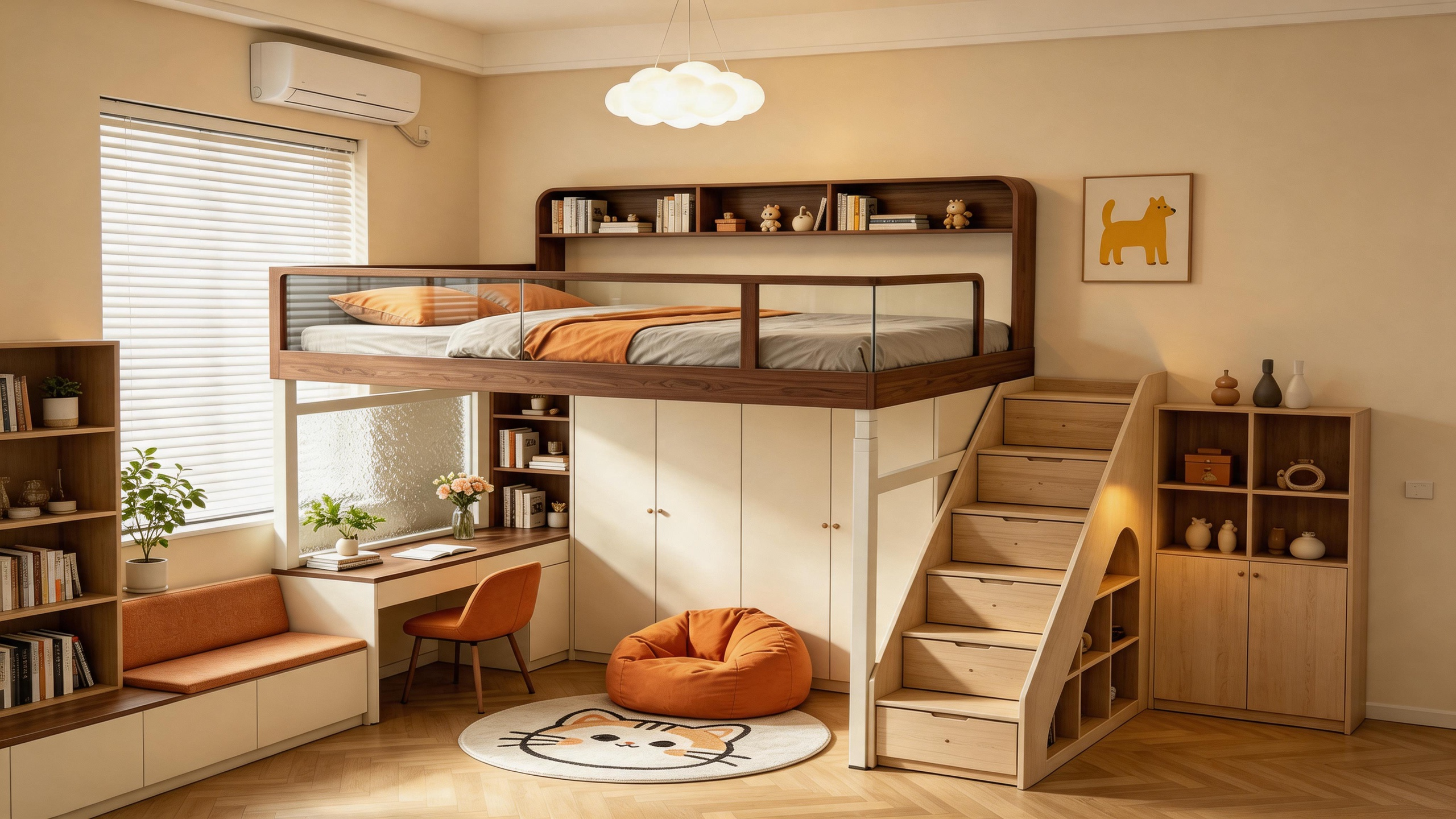 TianLift Loft bed with electric height adjustable lifting bed frame apartment bedroom interior