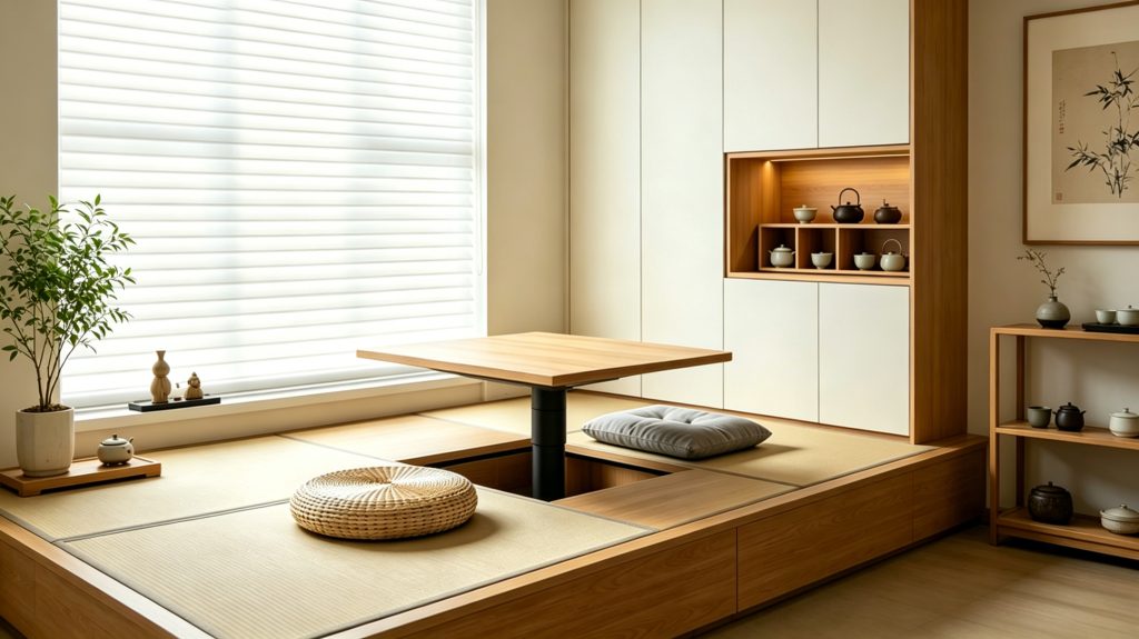 TianLift Japanese style tatami electric lifting table interior scene photo for bay window room