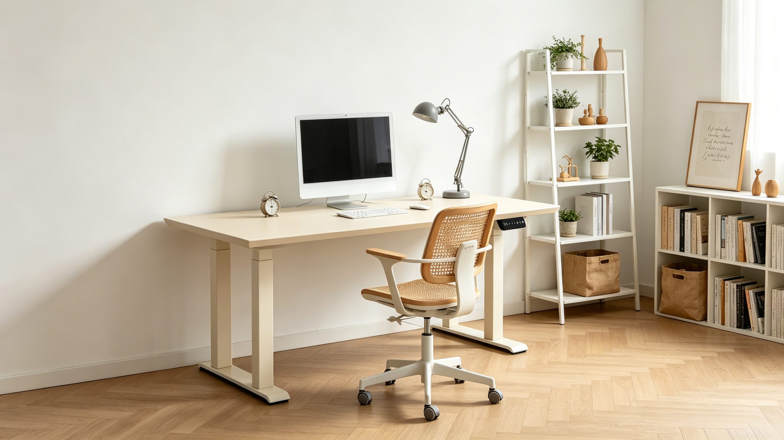 TianLift Dual motor pull-out 4 legs electric height adjustable standing desk, four leg motorized sit stand lifting table, cream minimalist home office ergonomic workstation with memory control panel