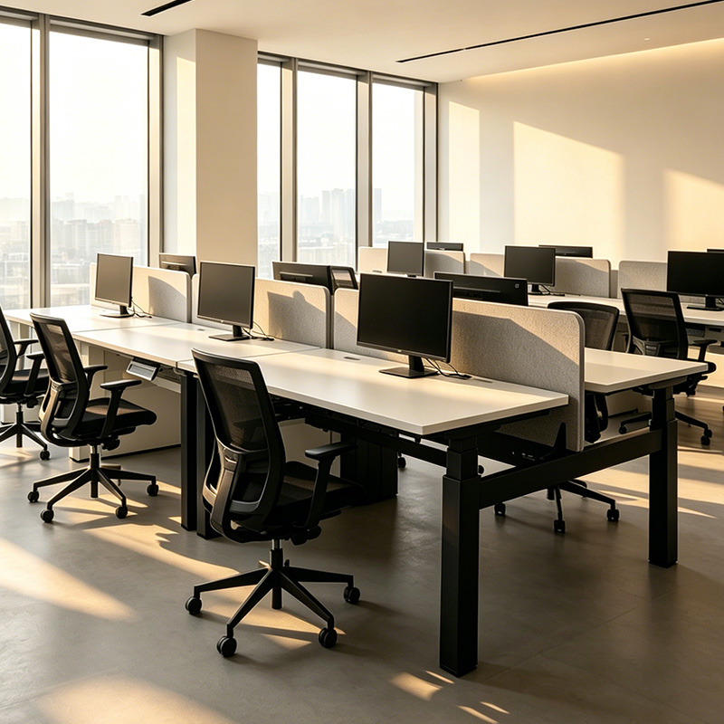 4 leg 4 motor electric height adjustable dual workstation bench, black metal frame grey fabric partition office desk, white tabletop modular two-person sit stand workstation for modern city office