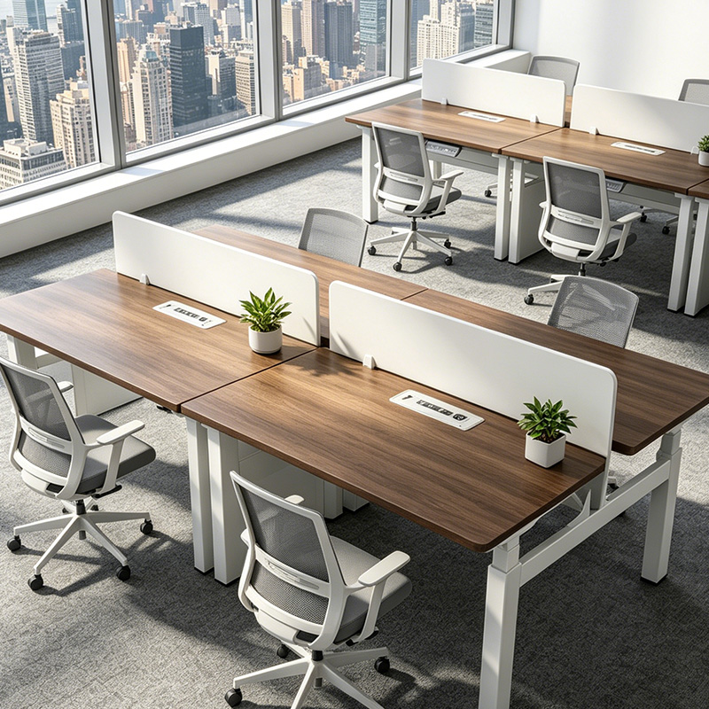 4 leg 4 motor electric height adjustable dual workstation desk, white frame partition open office bench, dark wood top multi spliced sit stand staff workstation for city office