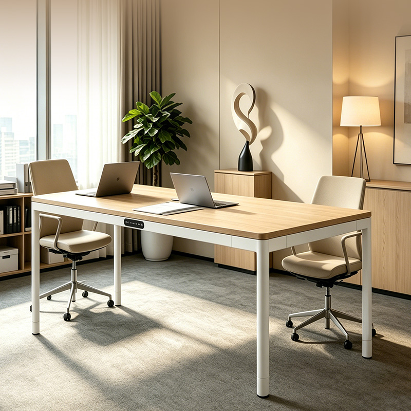 4 leg 4 motor electric height adjustable double workstation desk, white 3-stage square tube extendable lift frame, wood top two-person office standing desk for bright modern office