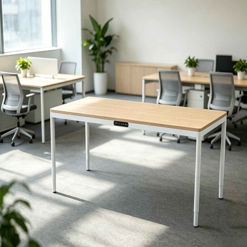 4 leg 4 motor electric height adjustable standing desk, white 3-stage square tube lift frame, wood top ergonomic workstation for modern open plan office