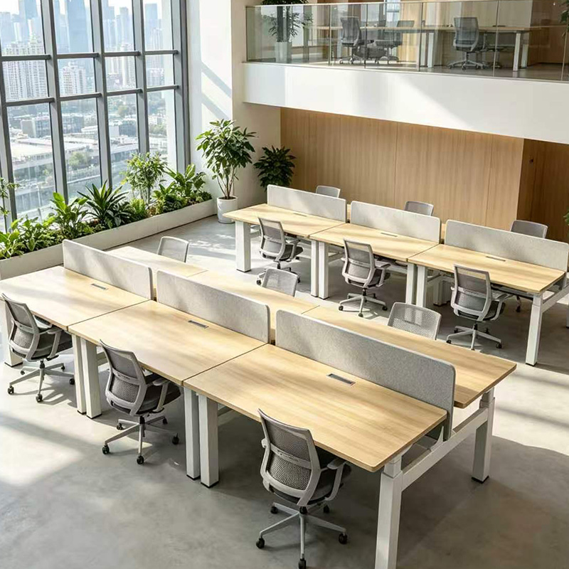 4 leg 4 motor electric height adjustable dual workstation bench, white frame fabric partition open office desk, light wood modular spliced two-person sit stand workstation for large city office