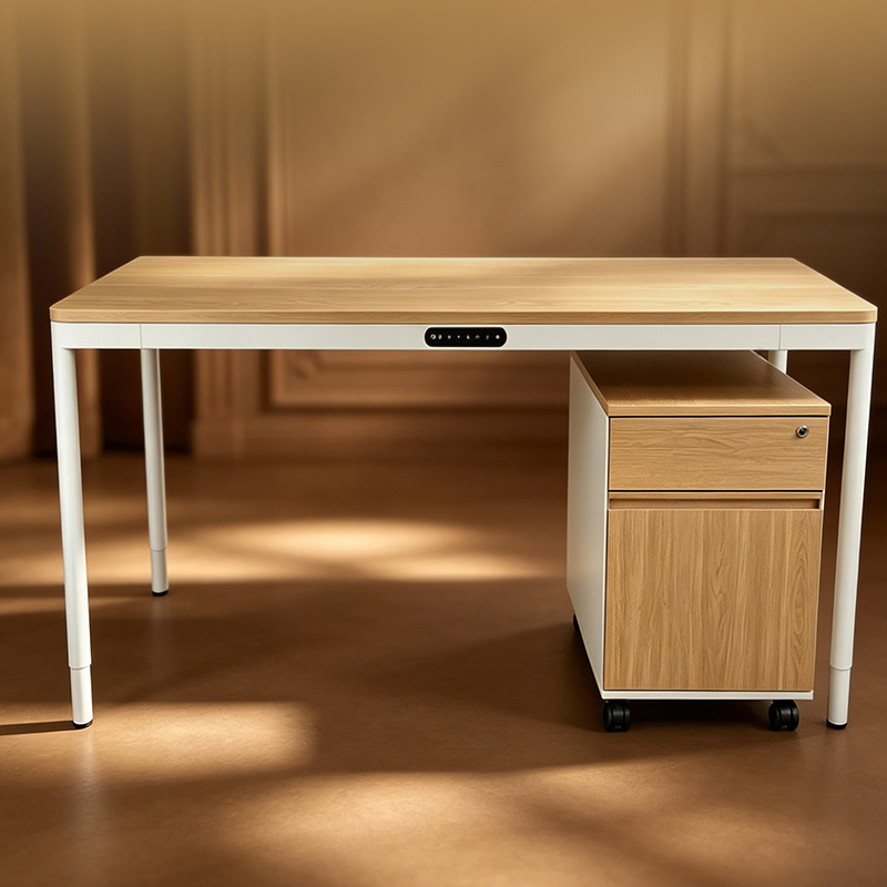 4 leg 4 motor electric height adjustable standing desk, white 3-stage square tube lift frame, wood top office workstation with mobile wooden storage pedestal cabinet