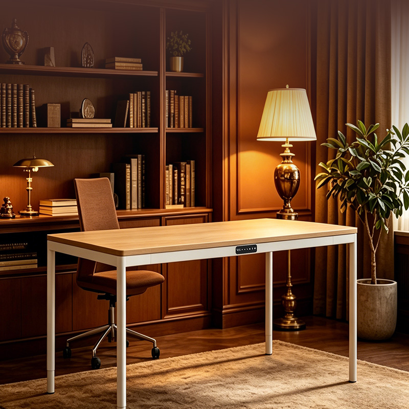 4 leg 4 motor electric height adjustable standing desk, white 3-stage square tube lift frame, wood top ergonomic workstation for classic vintage home study room