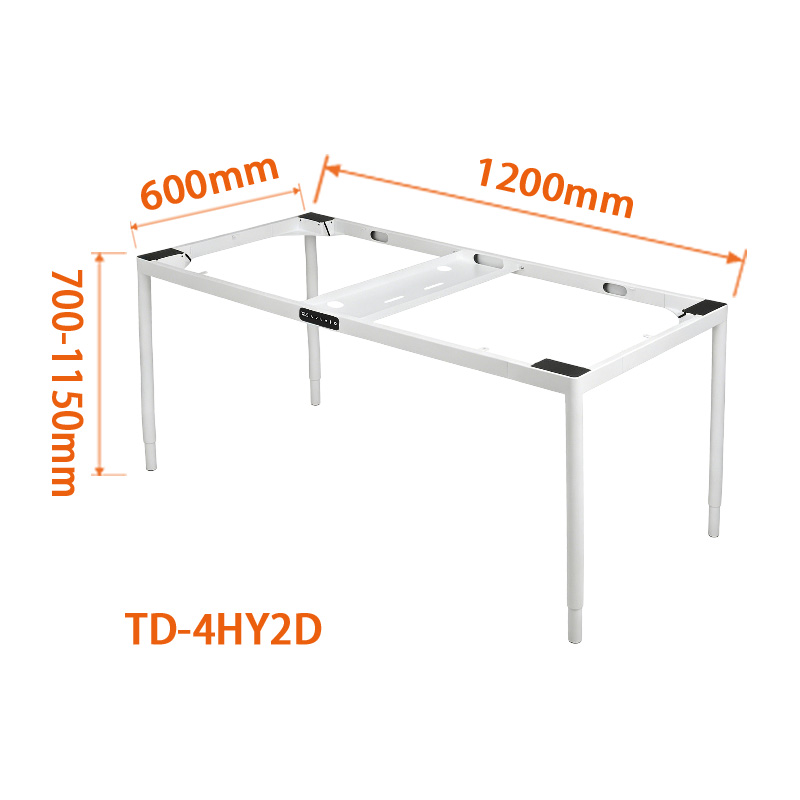 TD-4HY2D 2-stage round tube 4 leg 4 motor electric standing desk frame dimension drawing, fixed width four-column synchronous height adjustable desk base, full four-motor lifting round leg table frame technical schematic