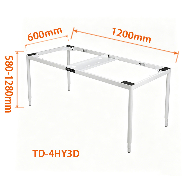 TD-4HY3D 3-stage round tube 4 leg 4 motor electric standing desk frame dimension drawing, fixed width four-column synchronous height adjustable desk base, full four-motor lifting table leg technical schematic