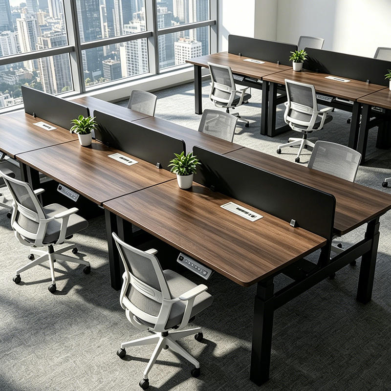 4 leg 4 motor electric height adjustable dual workstation bench, black metal frame black solid partition office desk, dark walnut wood top modular two-person sit stand workstation for high-rise city office