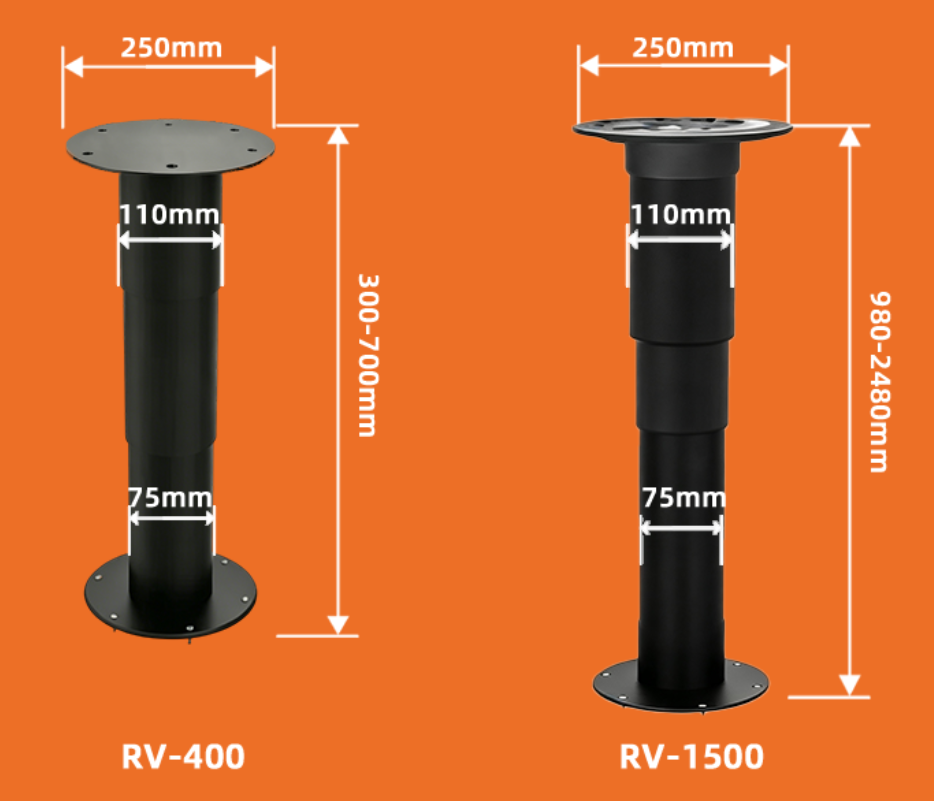 3-stage round tube electric lifting column dimension drawing, RV-400 RV-1500 telescopic lift table leg with flange, height adjustable pillar for RV camper, tatami hidden furniture