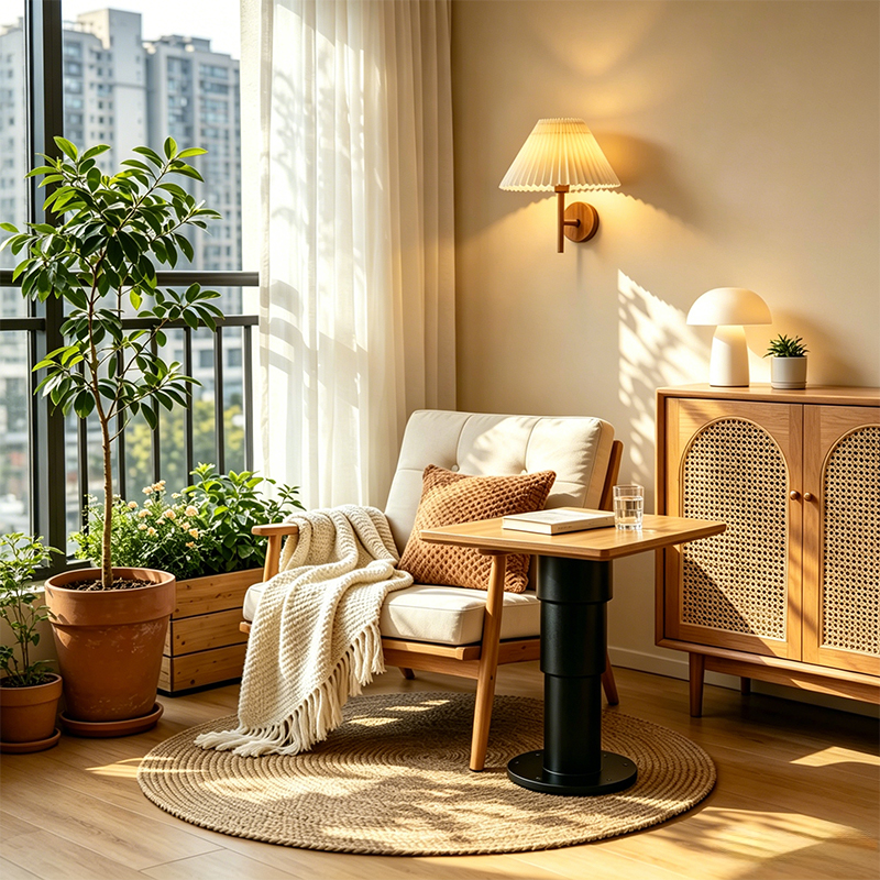 3-stage round tube electric lifting column wooden side table, black vertical telescopic lift table leg, height adjustable pillar for RV camper, tatami, home balcony lounge table