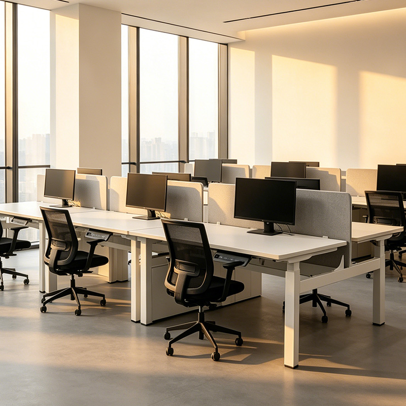 TianLift 4 leg 4 motor electric height adjustable dual workstation bench, white metal frame light grey fabric partition office desk, solid white top modular two-person sit stand workstation for minimalist sunset office