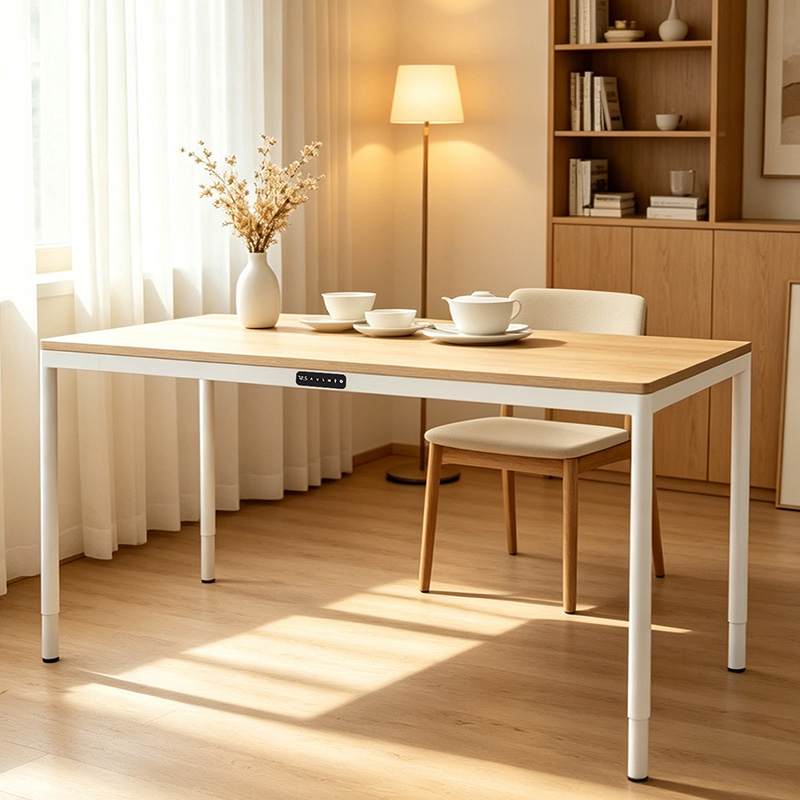 TianLift 4 leg 4 motor electric height adjustable dining table, 3-stage square tube white lift frame, wood top multi-purpose kitchen & home standing desk