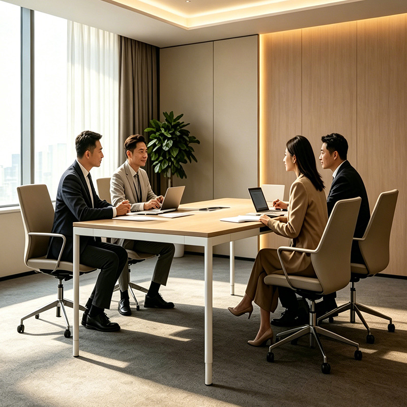 TianLift 4 leg 4 motor electric height adjustable conference table, white 3-stage square tube lift frame, wood top sit stand meeting desk for modern corporate boardroom