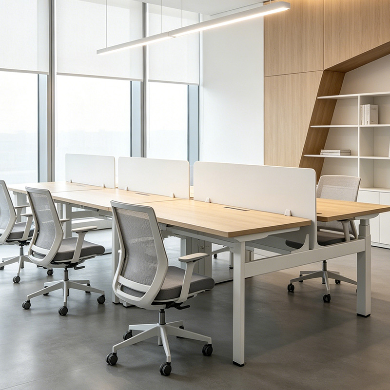 4 leg 4 motor electric height adjustable dual workstation desk, white frame partition open office bench, light wood top multi-person sit stand staff workstation